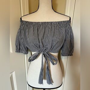 Gingham Off-Shoulder Tie-Front plaid crop Top